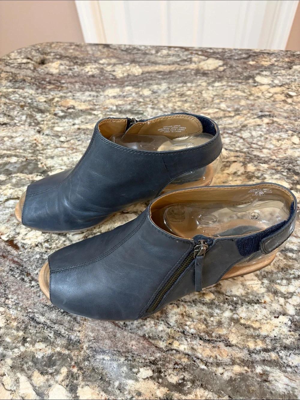 Earth Women's Navy Peep-Toe Leather Booties